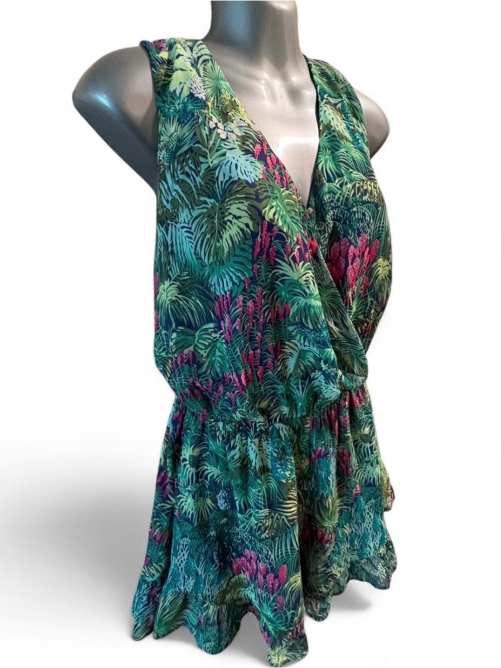Show Me Your Mumu Tropical Print Green Surplice Romper Sz L
